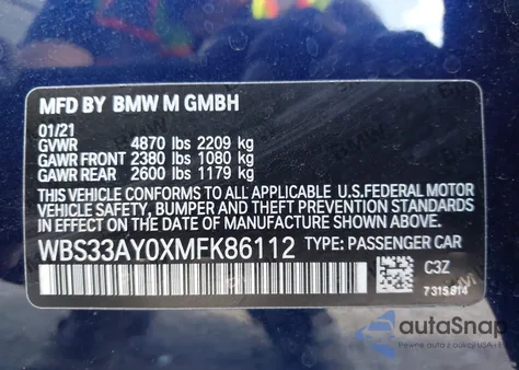 2021 BMW M3 Competition from USA, damaged, VIN WBS33AY0XMFK86112